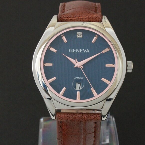 Geneva Men's Dress Watch Diamond At 12 Raised Indices Blue Dial Brown Strap 42mm - Picture 6 of 13